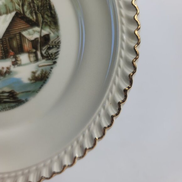 TWO Harker Pottery Currier and Ives Bread Plates Wilderness Feeding the Chickens - Picture 11 of 14